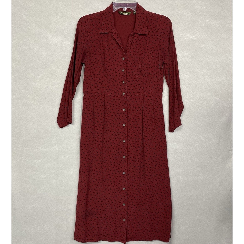Eddie Bauer Womens S Dress Dark Red Vintage 90s Rayon Floral Button Front Midi